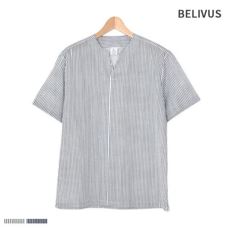 빌리버스 남성 반팔 셔츠 BMS016 브이넥 스트라이프 남방
