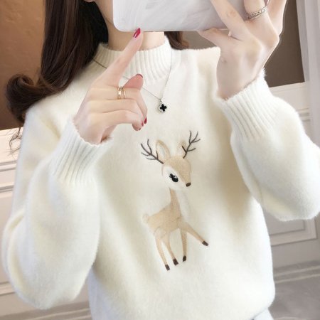 여성 흰색 스웨터 귀여운 프린팅 포인트 하얀 반목티