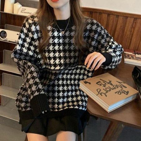 트렌디 오버핏 여성 스웨터 라운드 넥 니트 셔츠 블랙