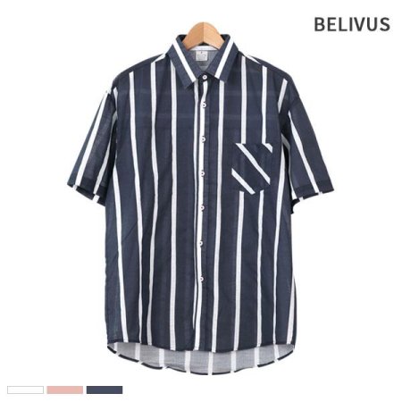 빌리버스 남성 반팔 셔츠 BMS024 카라 스트라이프 오버핏 남방