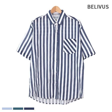 빌리버스 남성 반팔 셔츠 BMS027 카라 스트라이프 오버핏 남방