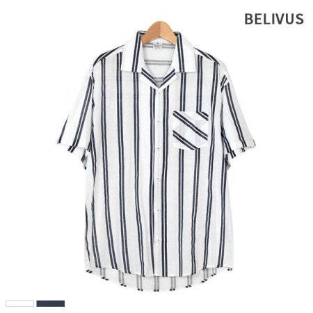 빌리버스 남성 반팔 셔츠 BMS028 카라 스트라이프 오버핏 남방