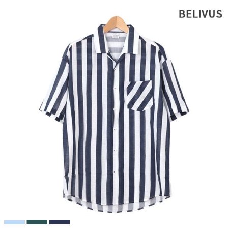 빌리버스 남성 반팔 셔츠 BMS029 카라 스트라이프 오버핏 남방