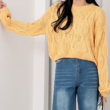 여자 크롭 라운드넥 꽈배기 긴팔 니트 티셔츠 스웨터