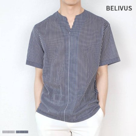 빌리버스 남자 반팔 셔츠 BMS016 브이넥 스트라이프